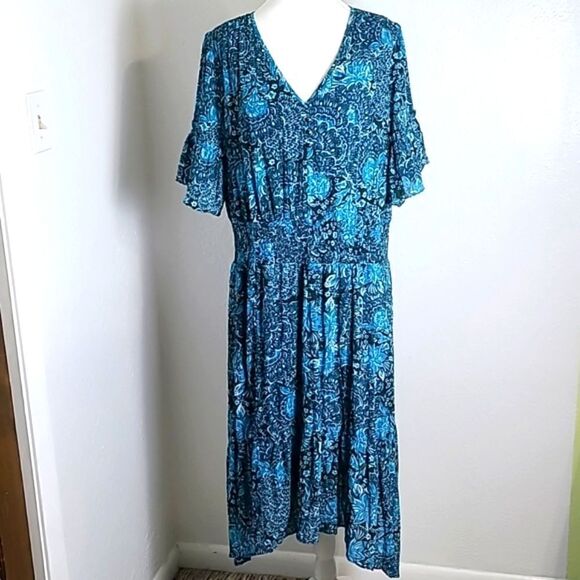 Isaac Mizrahi Chiffon Midi-Dress, Teal & Dark Green, Size Large - Picture 2 of 12